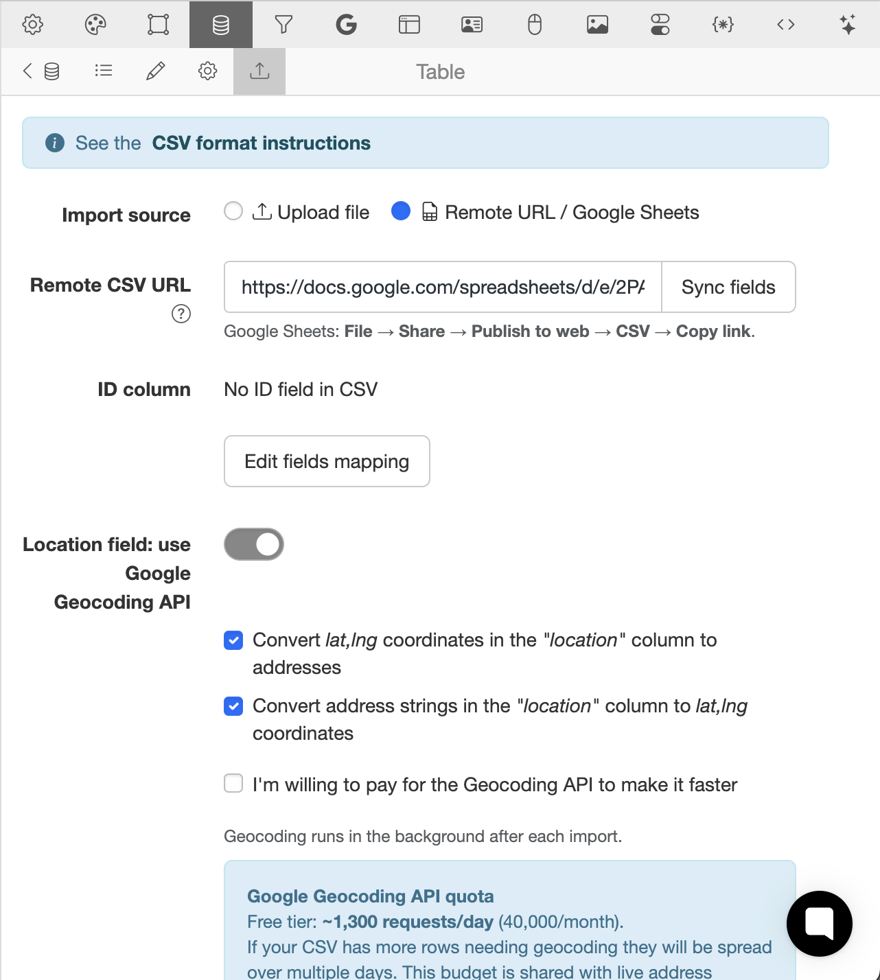 MapSVG map to Google Sheet sync screenshot