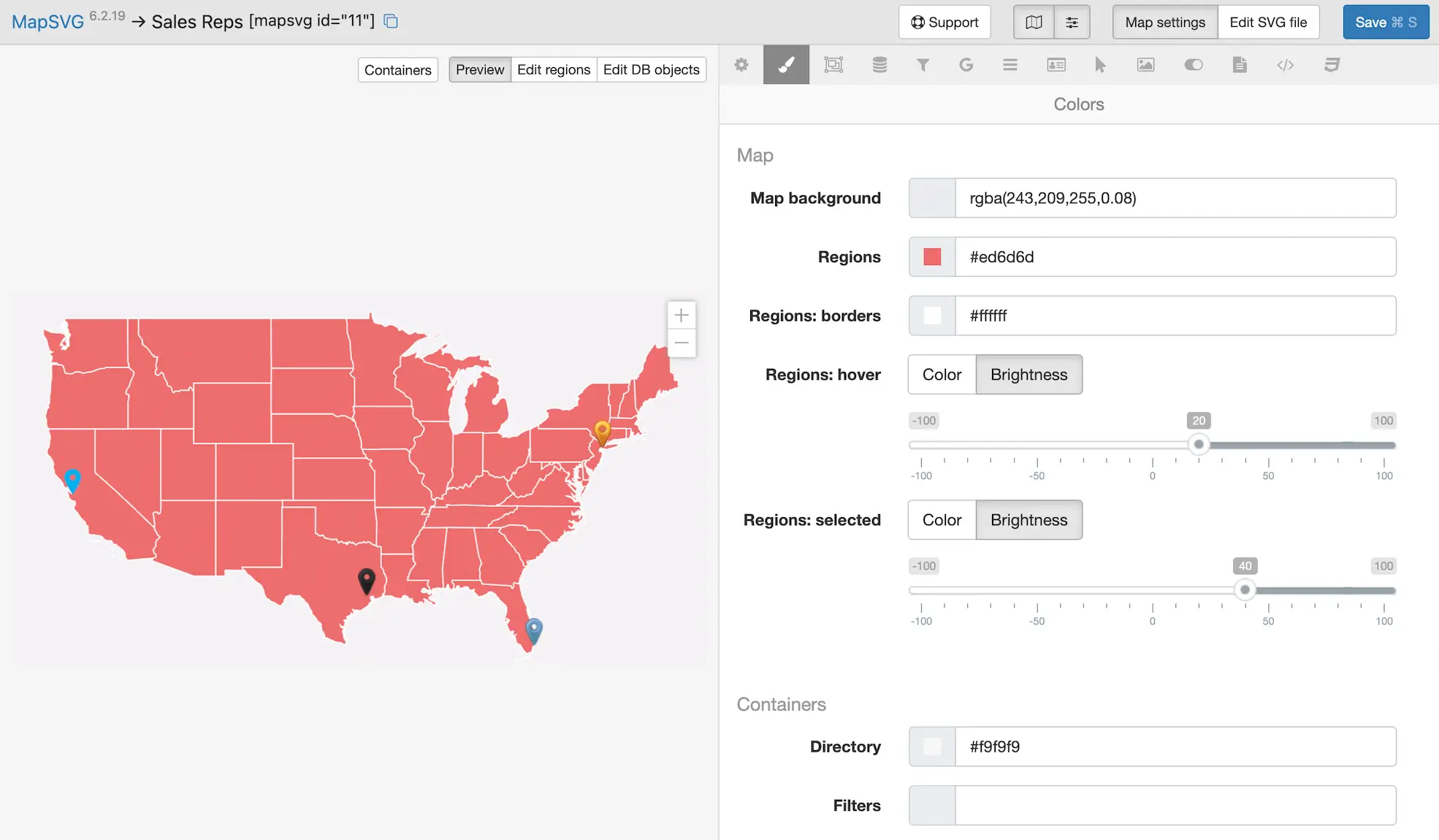 MapSVG WordPress map plugin control panel screenshot