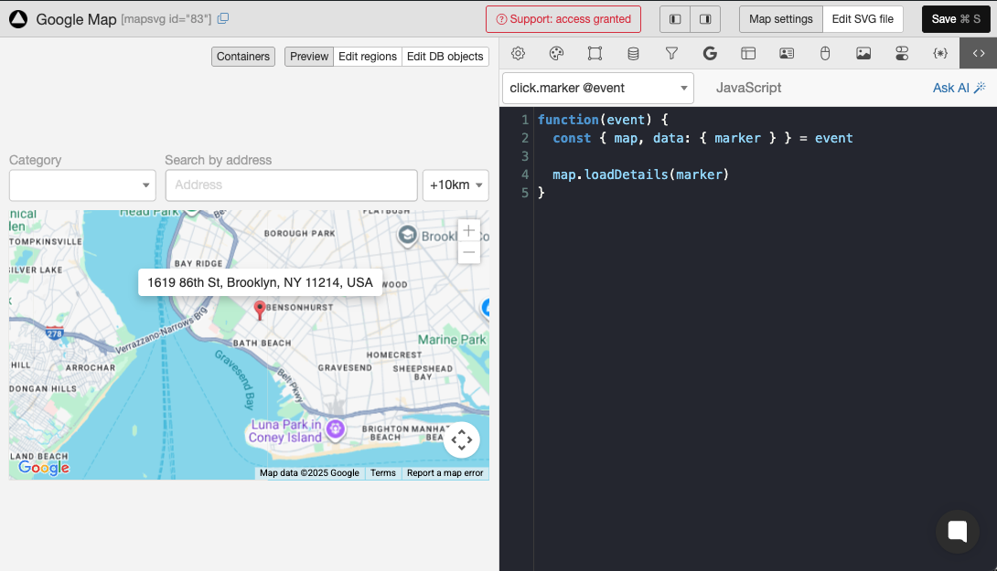 MapSVG WordPress map plugin control panel screenshot